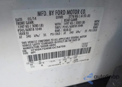 2014 Ford Explorer Xlt from USA, damaged, VIN 1FM5K7D89EGC54759